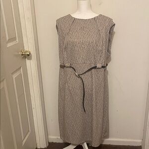 Connected Apparel Beige Textured Midi Dress with Belt